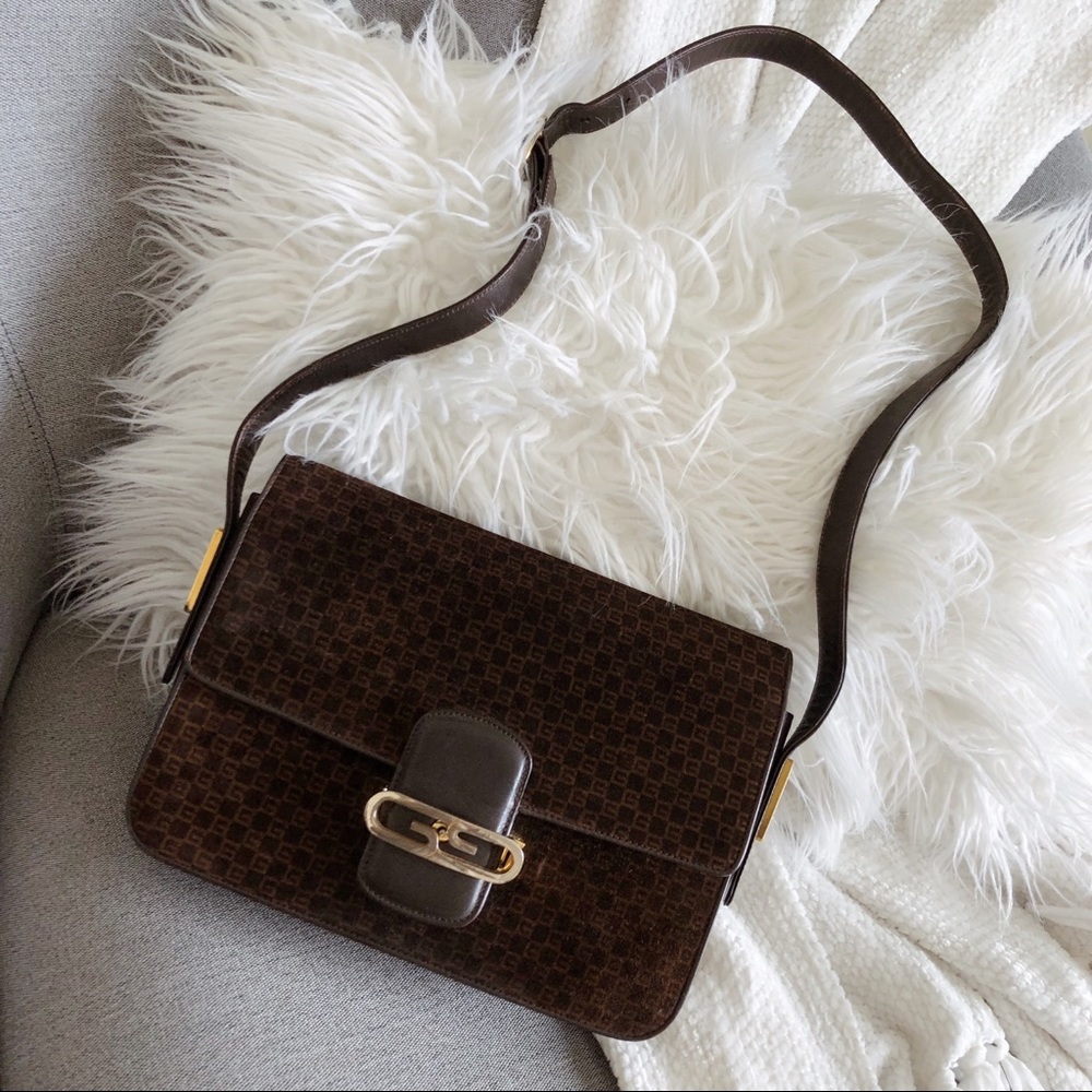 Gucci 1970s RARE Vintage GG Leather Suede Monogram East West Shoulder Bag - Picture 3 of 8